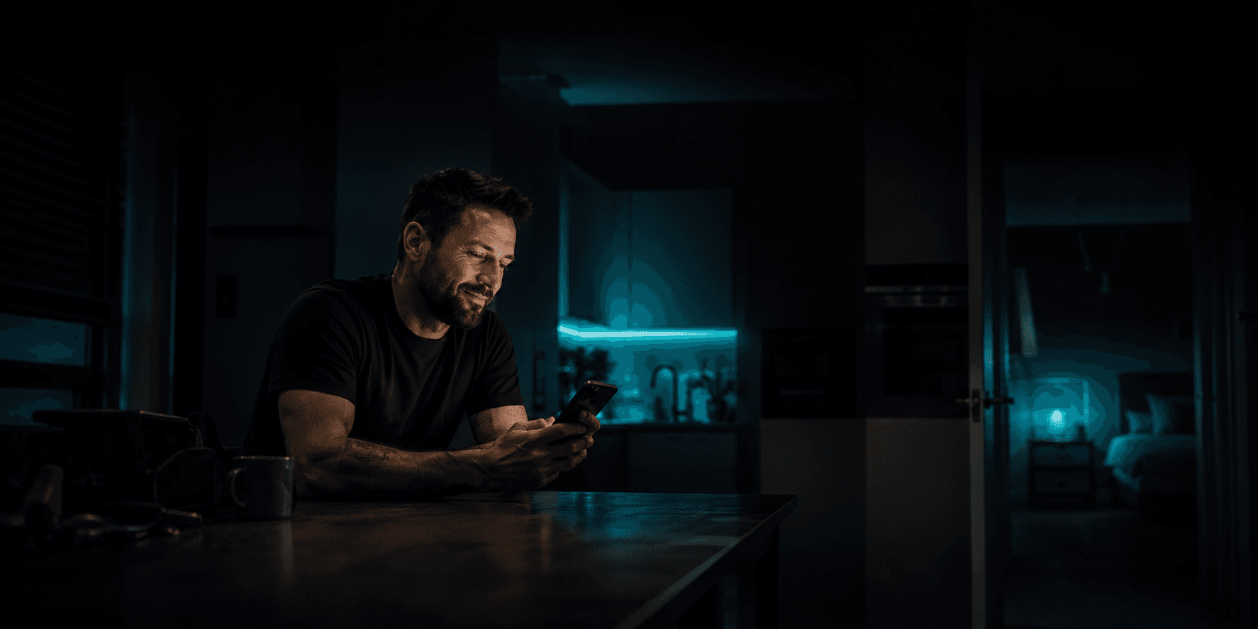 A tradesperson at home in the evening checking their phone, relaxed because AutomateIT is answering calls and booking jobs around the clock.
